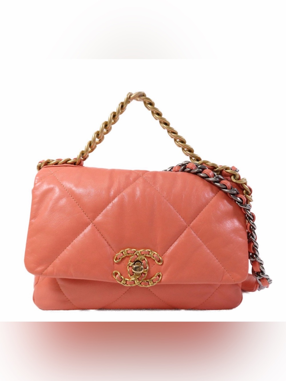 CHANEL 19 SMALL SHINY CORAL PINK LAMBSKIN
💗 FULL SET • MIXED METAL • ENTRUPY COA